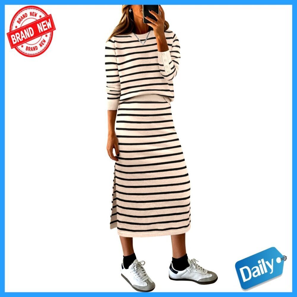Striped Knit Sweater Midi Skirt Set, Loose Fit Lounge Travel Outfit